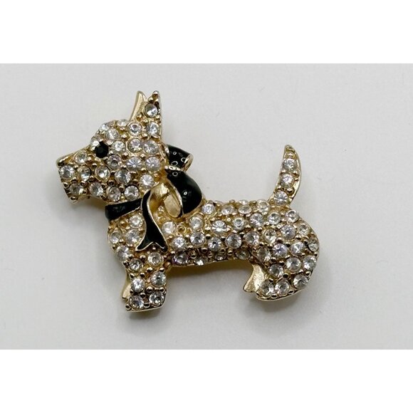 Vintage Monet Rhinestone Dog Pin Scottish Terrier Silver Black‎ Enamel Brooch - Picture 1 of 2